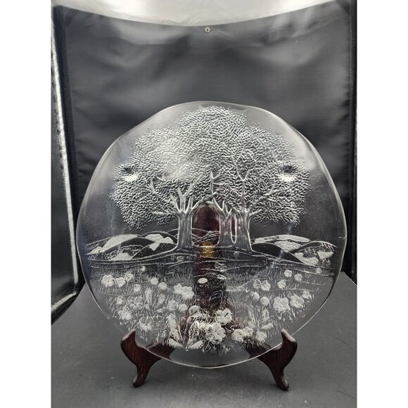 Vintage Studio Nova 13" Footed Glass  Platter Nature Scene Trees Flowers Hills - Picture 1 of 7